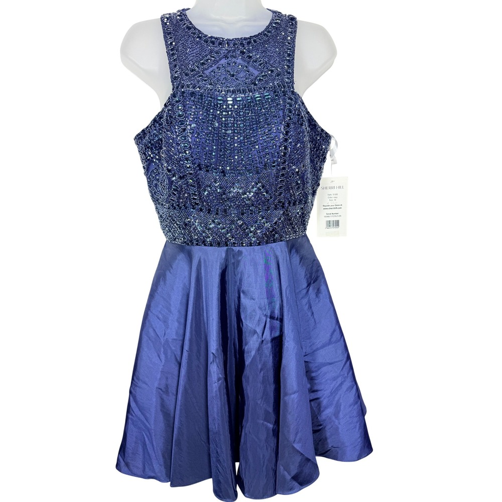 Sherri Hill Womens Beaded Fit & Flare Mini Dress 10 Navy Homecoming 51302 NWT